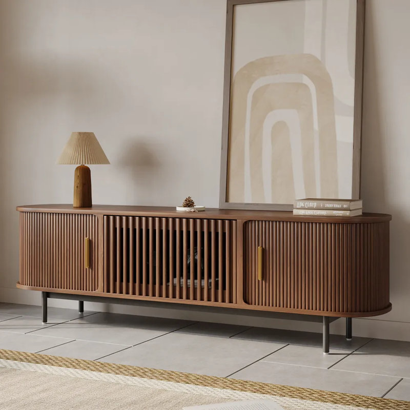 Meuble télé Mid-Century moderne, porte coulissante, entièrement assemblé, H 21,25 po x L 70,87 po x l 15,75 po, Brun