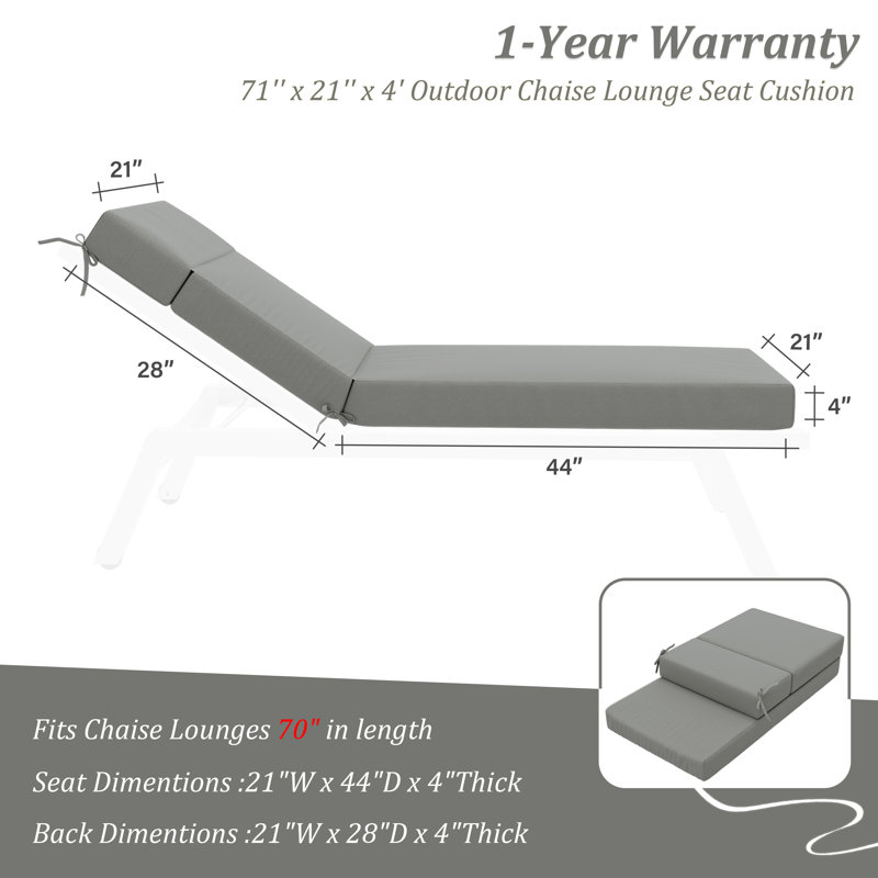 Outdoor Chaise Lounge Chair Cushion,72"X21"X4", 2, Light Gray