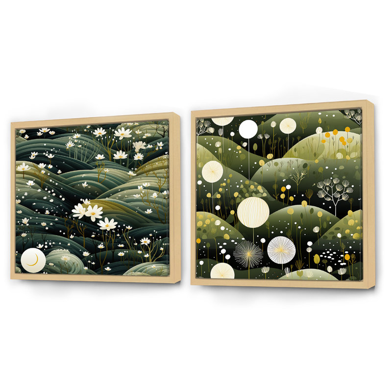 Fleurs blanches zen - Hillpoint Sanctuary - ensemble de 2 collages carrés de paysages abstraits, Cadre flottant brun