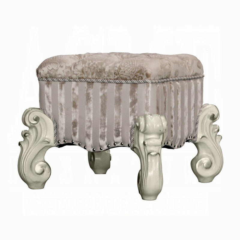 Ivory and Bone White Vanity Stool with Nailhead Trim, Ivory