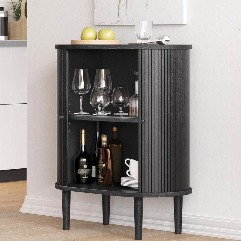 Wermo 28" Bar Cabinet with Sliding Doors & Adjustable Shelves - Coffee and Wine Storage Buffet for Kitchen, Dining, or Living Room (Black Oak)