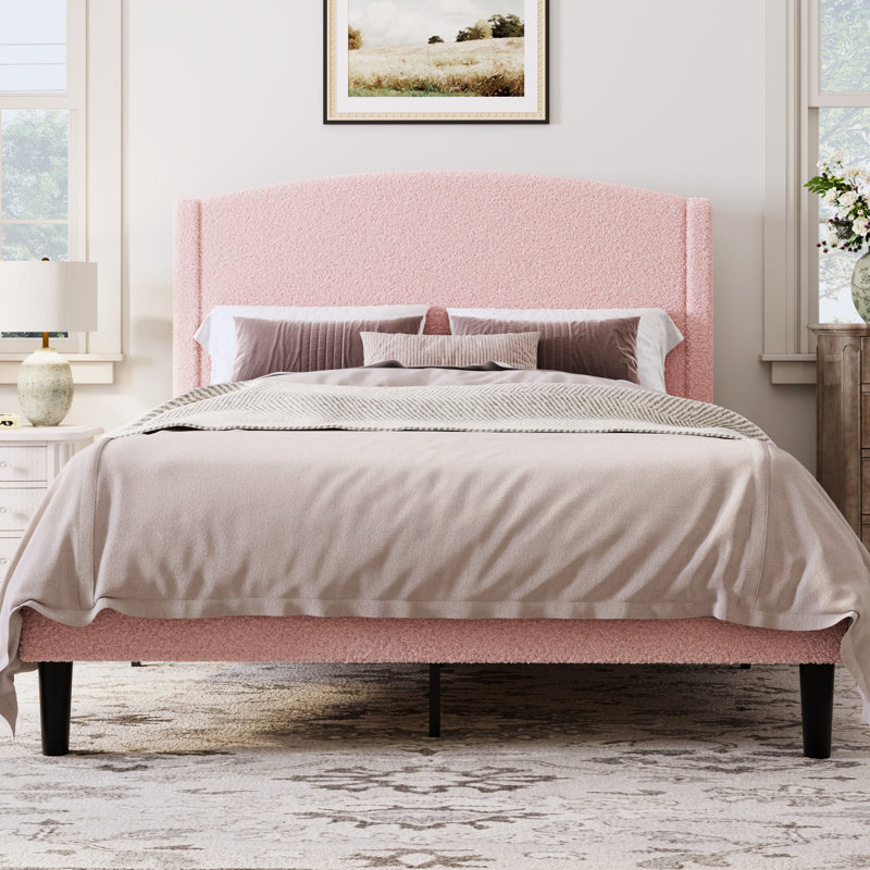 Chic Teddy Fleece Upholstered Platform Bed With Curve-Shaped Headboard, Modern Soft Boucle Fabric Bed Frame, Solid Wood Slat Support, No Box Spring Needed