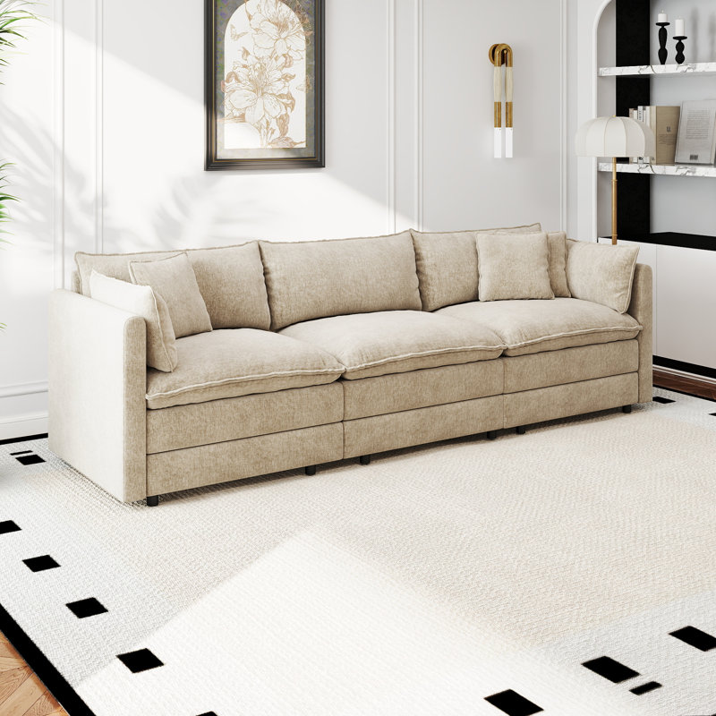 Modern Chenille Sofa Upholstered Couch, 33.85" H x 112.20" W x 35.82" D, coffee color, 3