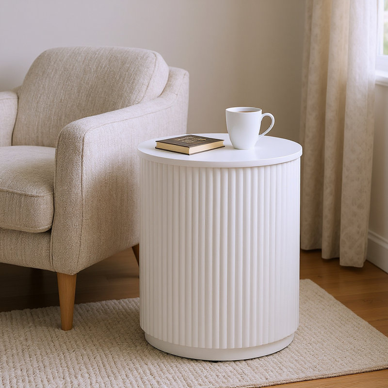 Round White Solid Wood Accent_End Table, White