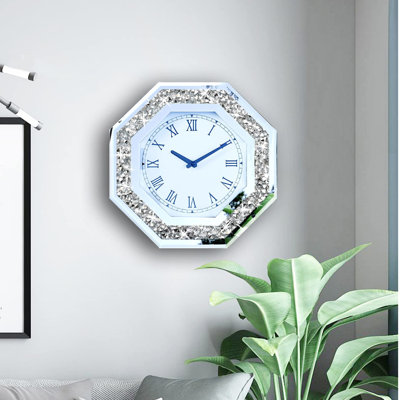 Horloge murale en verre à losanges octogonale en verre à miroir octogonal, montre silencieuse de 12 pouces pour décoration intérieure