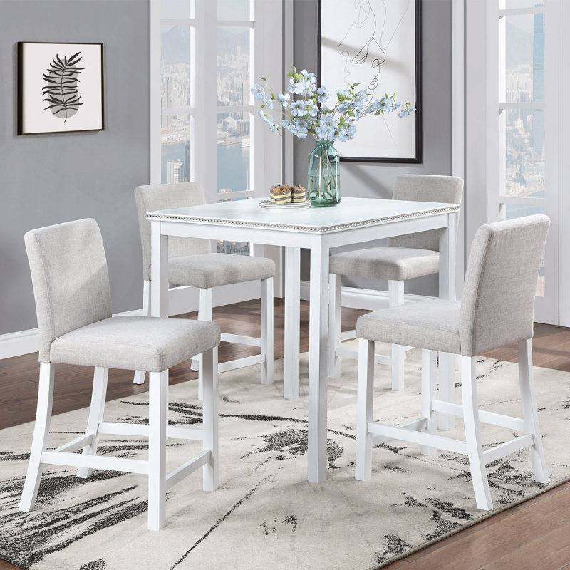 5 Piece Counter Height Table Set, Wooden Kitchen Table Set With Square Table And 4 Upholstered Chairs, Counter Height Dining Table With Crystal Decoration And Chair Set For Kitchen, Dining Room
