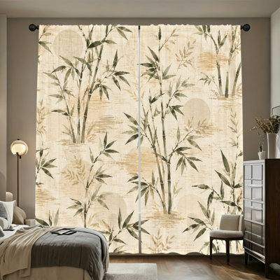 2PCS Beige Sun Circle Bamboo Forest Light Filtering Rod Pocket Curtains, Calming Natural Oriental Plant Print Window Drapes, Easy Hang Rod Pocket Design, All Season Refreshing Home Decor for Living Room, Bedroom, Study, Minimalist Bamboo Window Coverings