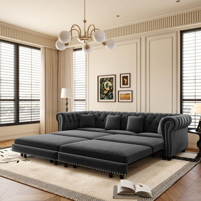 Chesterfield Sofa,89 " W 3-in-1 Pull-Out Sofa Bed, Convertible Sleeper Sofa Bed,King Size Sofa Bed, Chaise Lounge,Velvet 3-Seater Sofa with Movable Ot