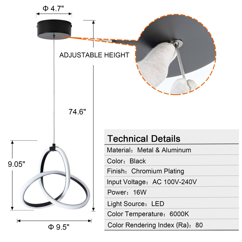 Luminaire suspendu moderne à DEL, Noir mat