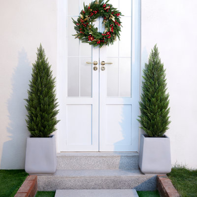 Faux Cypress Topiary Trees in Pot, Set of 2, UV Resistant Pre-Potted Evergreen with Realistic Thick Trunk, Black Cement Pot for Front Door, Porch & Entryway (Cedar-Look)