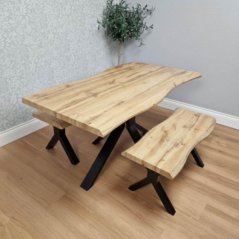 Wooden Dining Table and 2 Benches Set with X-Shaped Iron Legs, Curved Edge(75cm), 75cmH x 140cmL x 80cmW