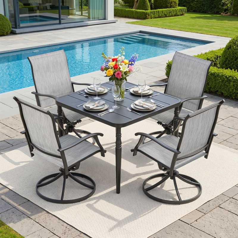 Ensemble repas 5 pièces avec trou pour parasol et chaises pivotantes en textilène, Square, 5 Pieces: Table, 4 Chairs