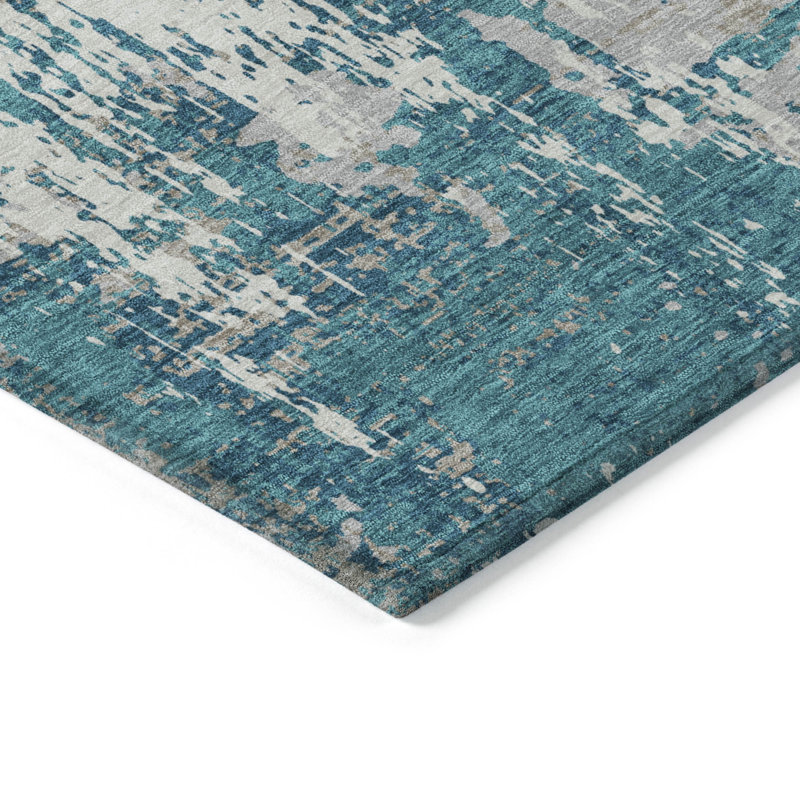 Teal and Gray Abstract Round Washable Synthetic Rug