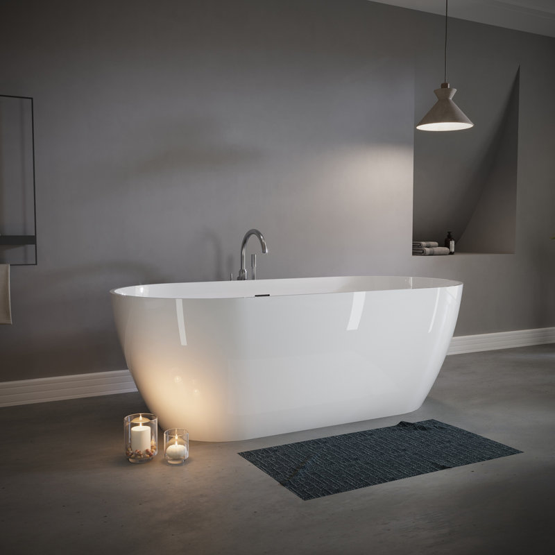 63" Freestanding Solid Surface Bathtub, Luxury Engineered Stone Resin Freestanding Soaking Bathtub With Overflow And Pop-Up Drain For Contemporary Bathroom, Glossy White