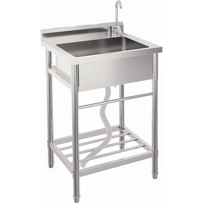 Évier utilitaire 24 po x 20 po x 41 po en acier inoxydable avec robinet, lavabo à cuve simple autoportante avec pieds réglables, alimentation en eau chaude et froide pour la cuisine, le garage, le jardin et l'extérieur