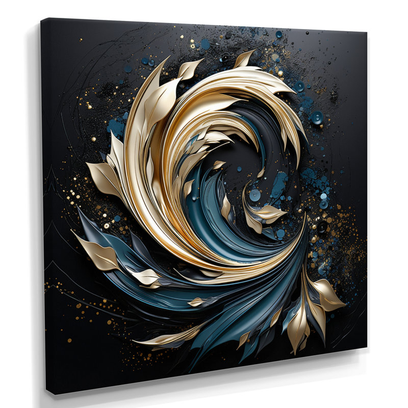 «Teal Spiral Leaves - Botanicals», art mural, Toile tendue, H 36 po x l 36 po x P 1,5 po