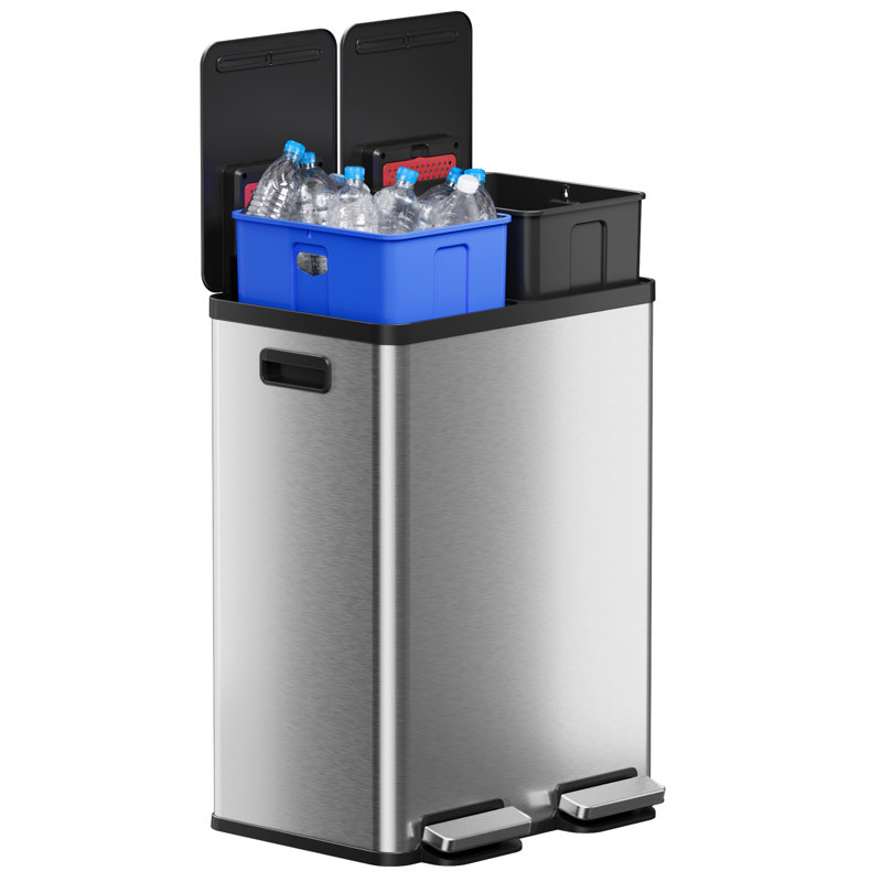 Itouchless Softstep 16 Gallon Stainless Steel Dual Compartment Combo Step Pedal Trash Can And Recycle Bin With Dual Odour Filters And Colour-coded Removable Inner Buckets For Home, Office, Kitchen, 60 Litre