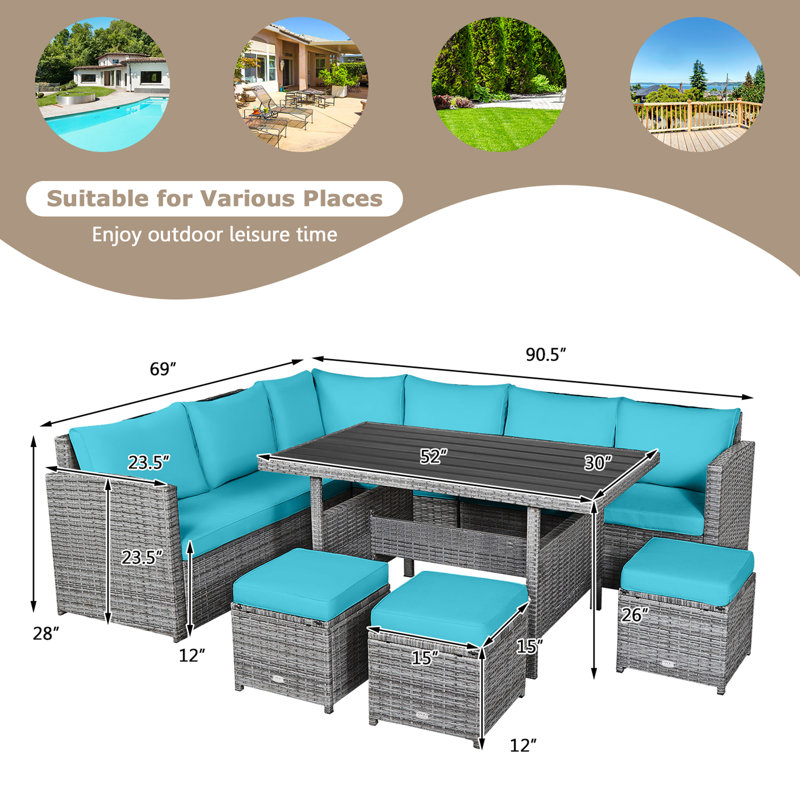 9 - Person Patio Conversation Set with Cushions, Turquoise