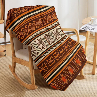 Boho Spiral Triangle Motif Seamless Throw Blanket, Vintage Geometric Rune Stripe Pattern Cozy Flannel Fleece Decor Throw for Sofa, Couch, Bedroom and Outdoor Use 50"x60"