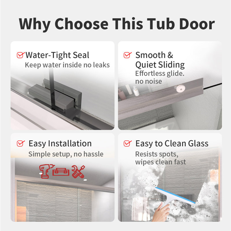 56-60" W x 56" H Semi-Frameless Sliding Bathtub Shower Door with Clear Tempered Glass, Adjustable Width Bypass Tub Door