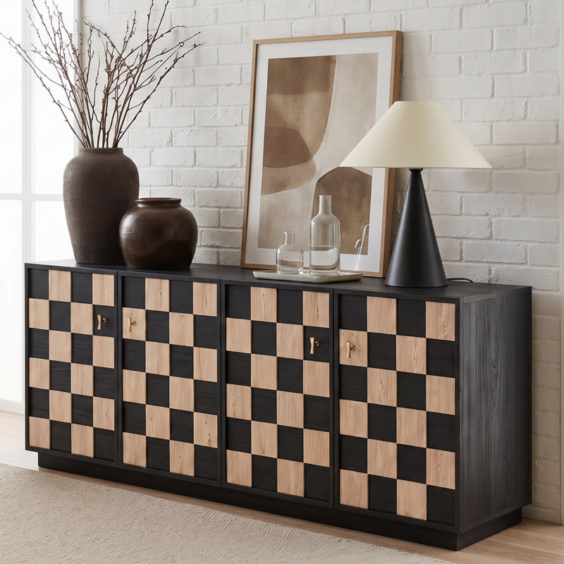 Meuble télé 68 po avec meuble télé géométrique 4 portes, console média moderne avec portes en damier