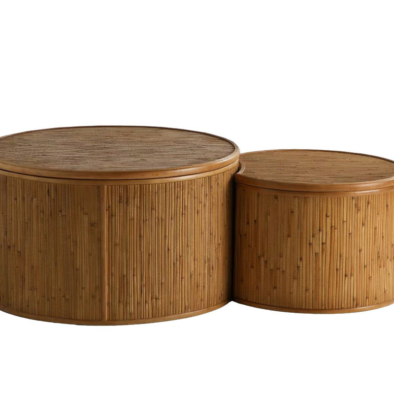 Table basse rétro en rotin 43,9 po avec fonction de rangement, pour salle à manger, cuisine et salon, naturel, ensemble de 2