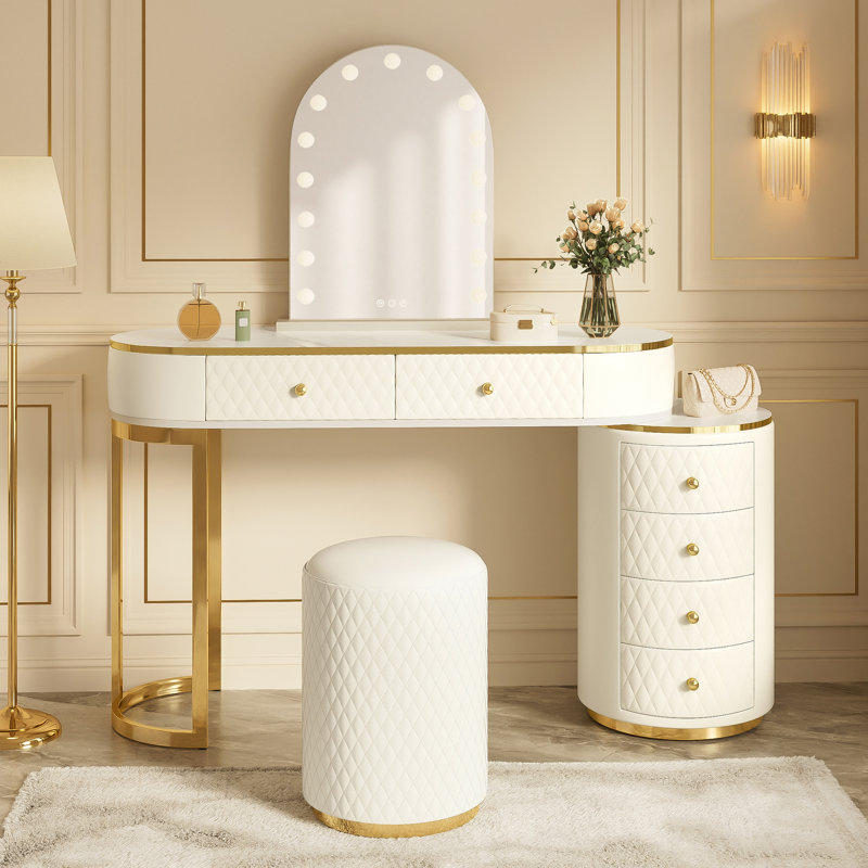 Luxury Makeup Vanity Desk With 3-Color LED Mirror & Stool