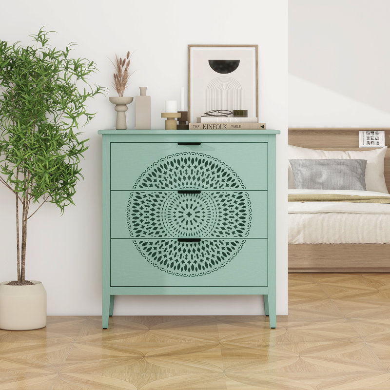 3 Drawer  Cabinet With Hollow-Carved  3 Drawer Dresser Storage Chest With Metal Handles For Entryway  Living Room Bedroom