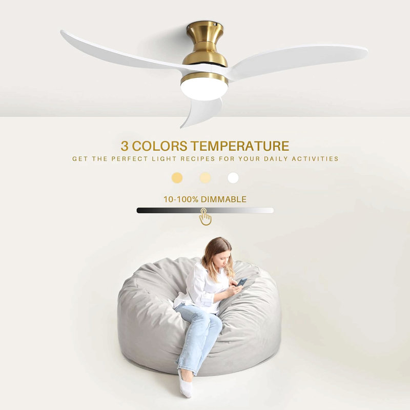52 Inch Modern Ceiling Fan With 3 Color Dimmable Solid Wood  Blades Remote Control Reversible Dc Motor For Bedroom, Gold