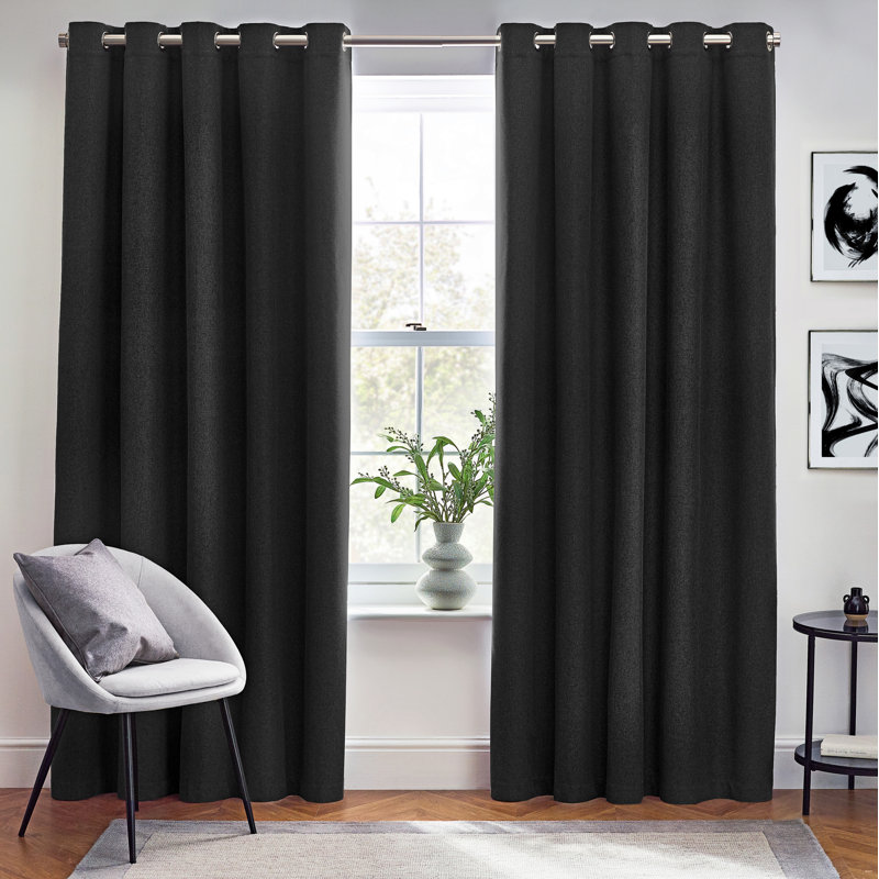 Dawn 100% Blackout Thermal Eyelet Curtains, Black, 117cm Width x 137cm Drop