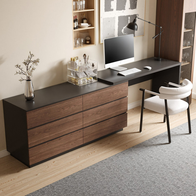 Bureau d'ordinateur en L 97,6 po avec commode extensible avec tiroirs de rangement, Noir / brun