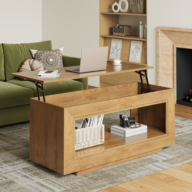 Lift Top Rectangular Wood Coffee Table with Dual-Layer Storage for Living Room, Natural Wood