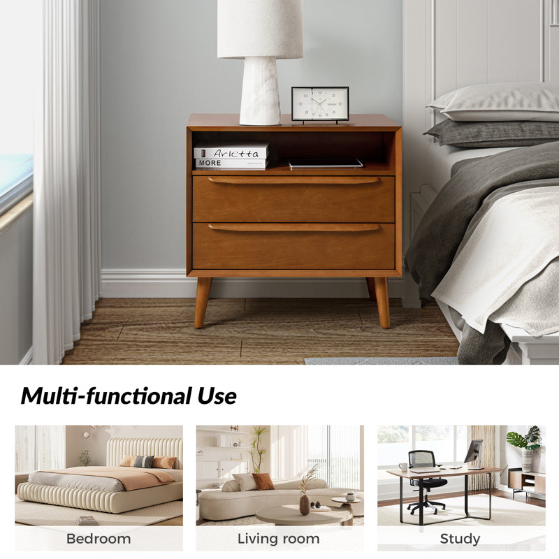 Aviannah Midcentury Modern 2-Drawer Nightstand with Charger