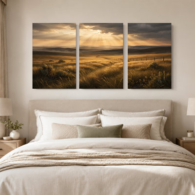 Golden Prairie with Sun Rays and Fence Line Set Of 3 Canvas Wall Art