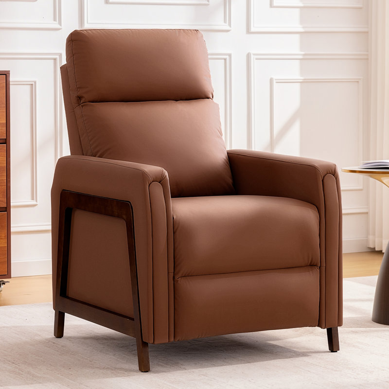 30.7" W Mid-Century Modern Recliner Chair in Faux Leather with Footrest-Brown, Brown