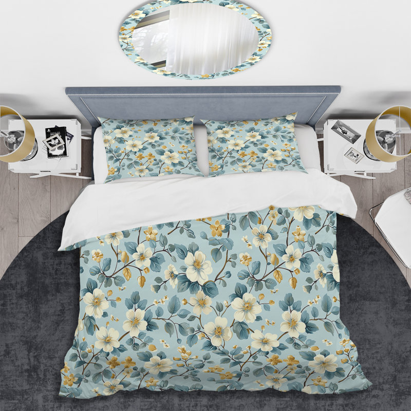 Blue Gold Floral Gardens I - Ensemble de housse de couette transitionnel, Housse de couette pour grand lit + 2 taies décora