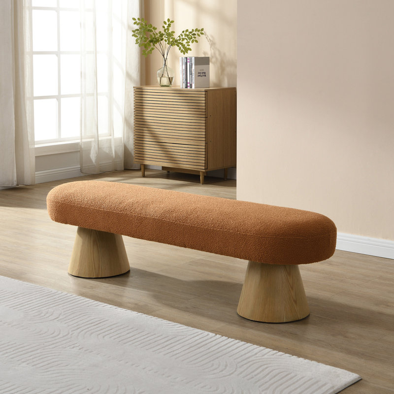 Oval Boucle Upholstered Bench with sturdy wooden legs, Orange