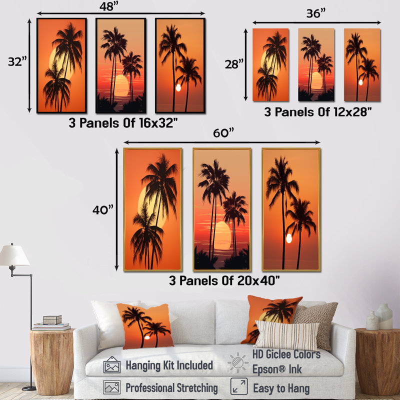 «Tangerine Twilight Palm Tree Sunset», ensemble de 3 palmiers et palmiers sur toile, Cadre flottant noir, H 28 po x l 36 po