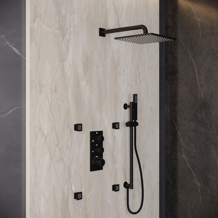 SlideLux 3-Function 12" Thermostatic Complete Rainfall Shower System with 4 Body Jets and Slide Bar