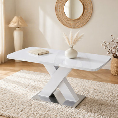 Modern Square Dining Table, Stretchable, White Table Top+MDF X-Shape Table Leg with Metal Base