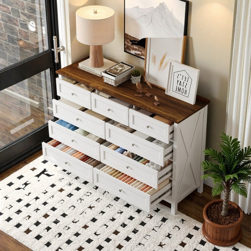 Commode 9 tiroirs 55 po Rustic, Blanc