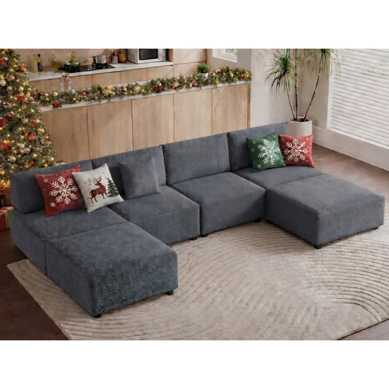 6-Piece Modular Corduroy Sectional Sofa with Ottoman, Reconfigurable Couch Sectional for Living Room, Bedroom, Office