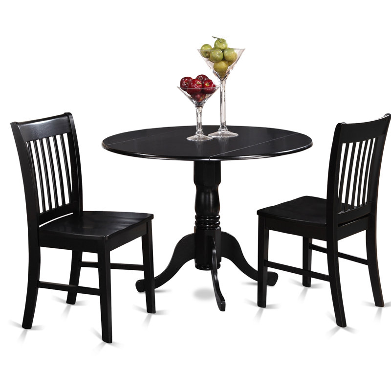 Ensemble de table de cuisine 3 pièces pour petits espaces comprenant une table de salle à manger ronde avec Dropleaf et 2 chaises en bois massif, noir