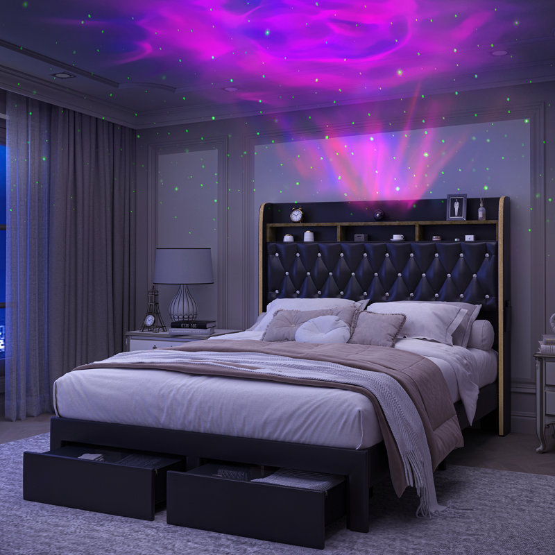 Structure de lit tapissier à oreilles avec haut-parleur USB Galaxy Star, tiroirs et tête de rangement, Très grand lit, Noir