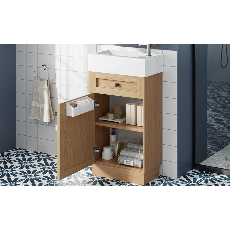 Meuble-lavabo de 18,5 po de style rustique, lavabo en résine réversible, structure d'armoire, tablette de rangement réglable pour un rangement efficace, poignées en métal, finition grain de bois, mécanisme de porte à fermeture douce de style rustique,