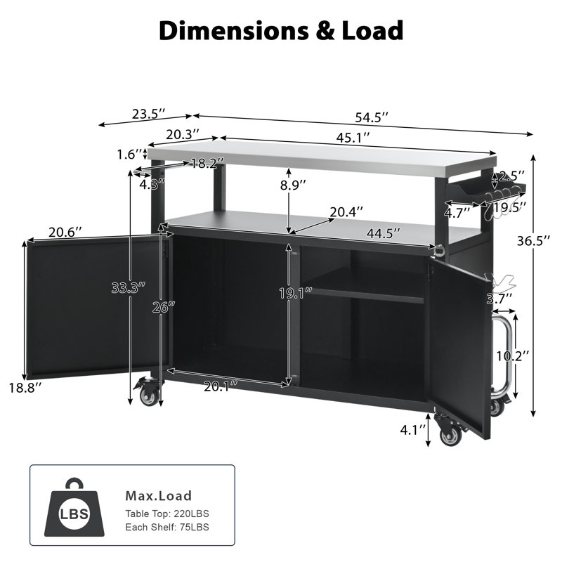 54.5" Rolling Bar Cart & Outdoor Kitchen Island, Metal Grill Table with Stainless Steel Top, Storage Cabinet & 4 Lockable Wheels for Outside BBQ