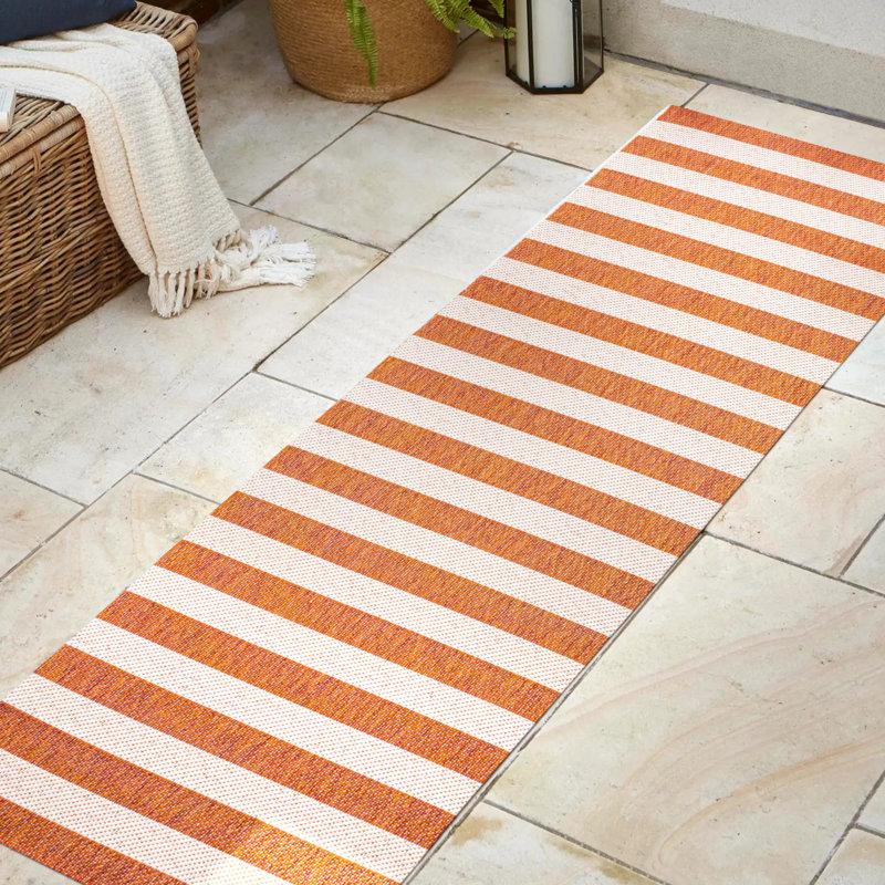 Hedva Two-Tone Wide Stripe Orange/Beige Indoor/Outdoor Rug, Runner 2' x 8'
