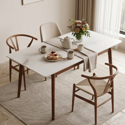 Walnut & White Slate Extendable Dining Table, Round Corner Diagonal Leg Design for 6-8