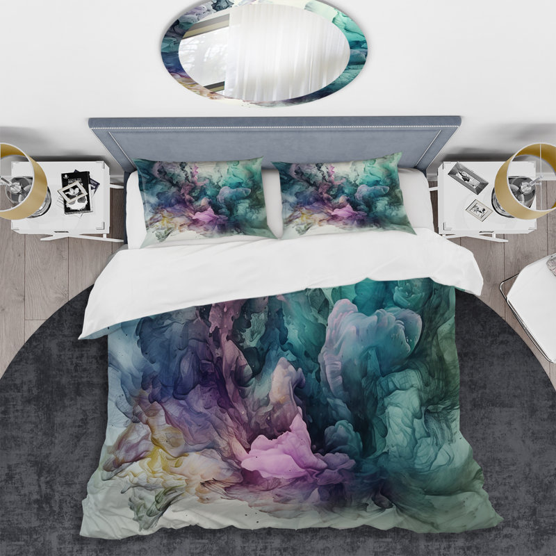 Ensemble de housse de couette en microfibre / polyester vert mauve marbré, Housse de couette pour grand lit et 2 taies décor