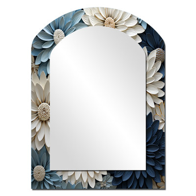 Blanc et bleu zinnias Bounty - miroir unique asymétrique Zinnias, grand miroir mural arqué blanc, impression d'art en métal
